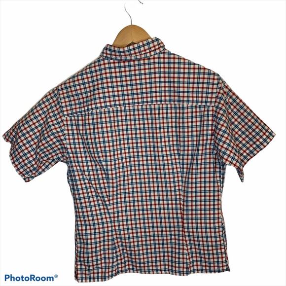 VINTAGE GUESS Micro Plaid Top Large L White Red Blue Buttons 80s - Picture 4 of 5